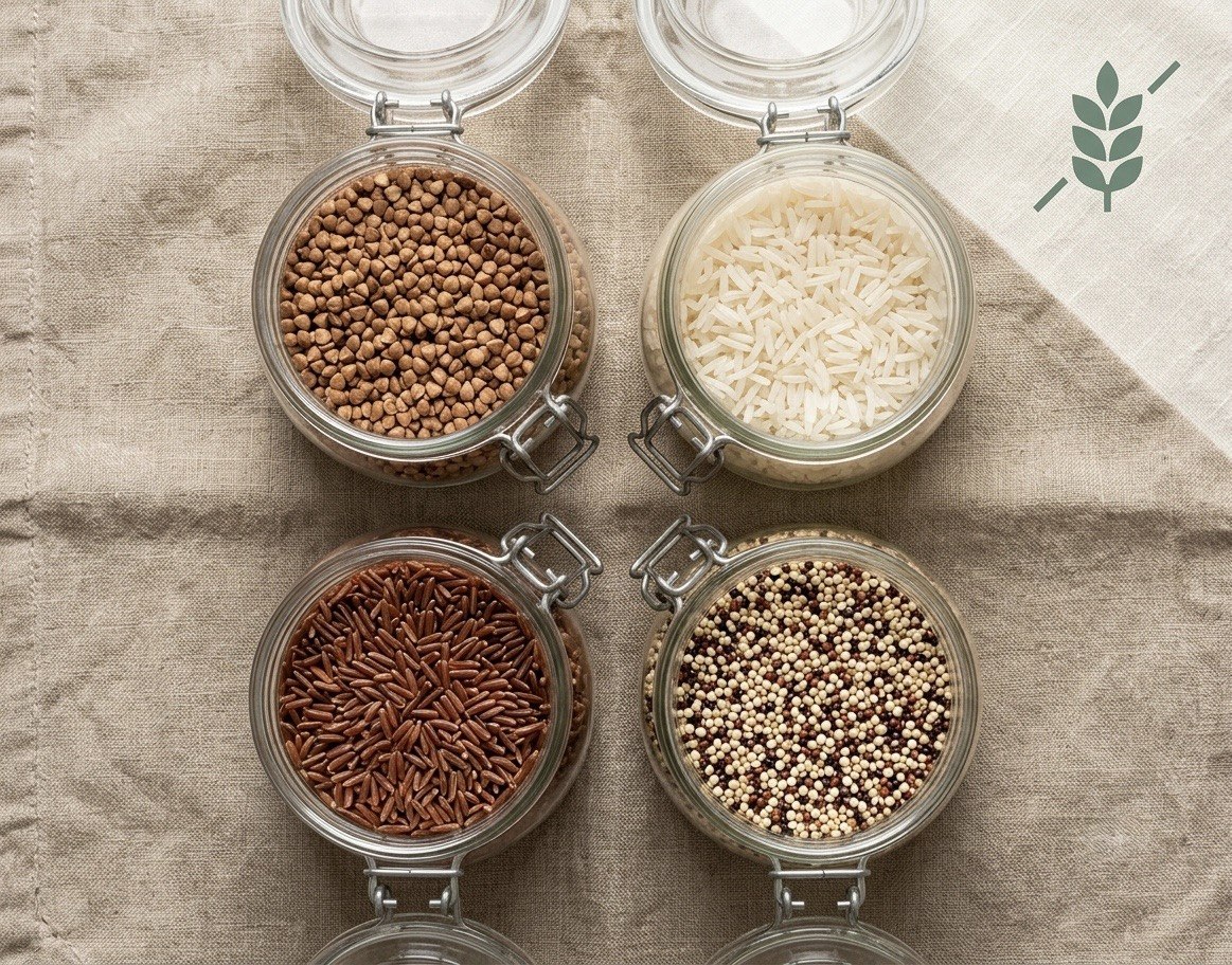 Gluten-free grains: buckwheat, rice, red rice, and quinoa in glass jars