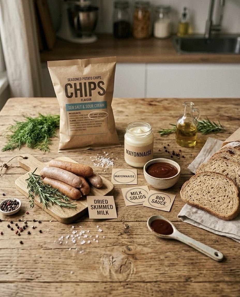 Chips, sausages, bread, mayonnaise, and BBQ sauce on a table, labeled with the hidden dairy ingredients inside them