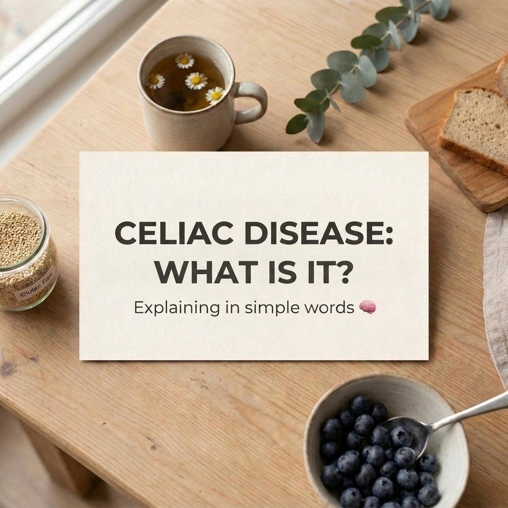Celiac disease: what is it — herbal tea, gluten-free bread, and blueberries on a wooden table